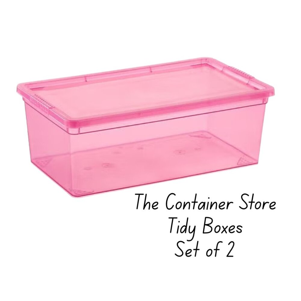 The Container Store Tidy Boxes • Plastic Storage Boxes w/ Lids • Set of 2 • Pink